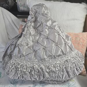 Silver Fringed Ruched Satin Christmas Tree Skirt by Earl & Wilson 27"